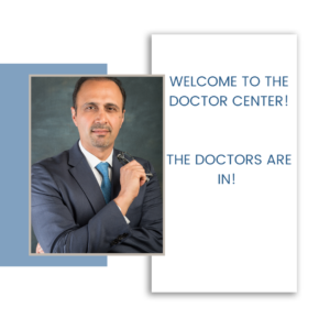 Doctor center welcome message with a photo of Dr. Penhaskashi man in a suit holding eye-glasses